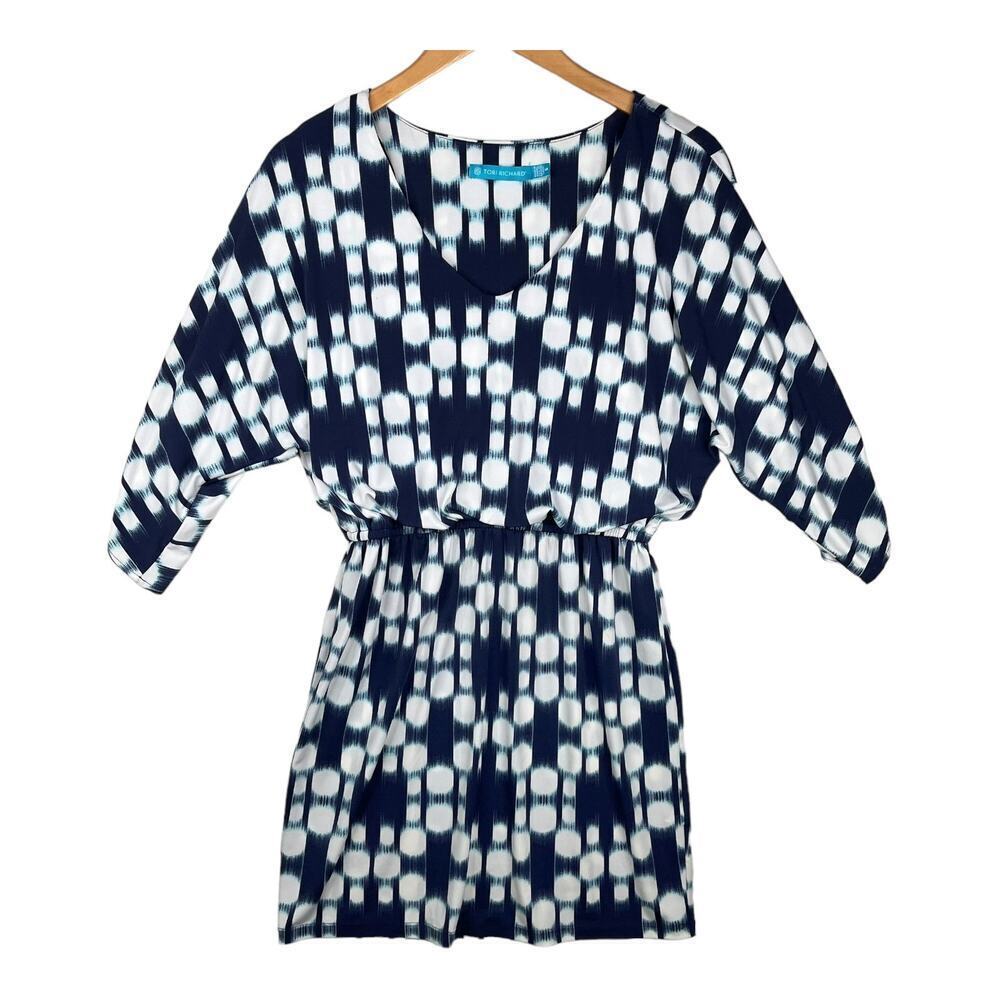 Tori Richard Blue White Dot Print Kalos Isabel Midnight 3/4 Sleeve Dress Small